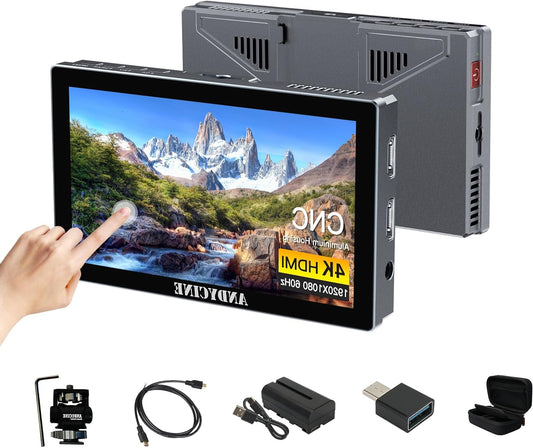 ANDYCINE X5 5.5 inch 1200 Nits Camera Field Monitor, 4K HDMI 60HZ Touch Screen Camera Field DSLR Monitor with Aluminum Housing F550C Battery RGB Parade, Focus Peaking 3D LUTs Waveform HDR Monitor - QUORE