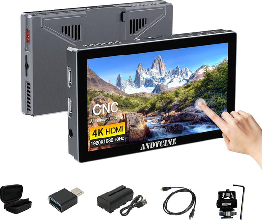 ANDYCINE X5 5,5 inch 1200 Nits Camera Field Monitor, 4K HDMI 60HZ Touchscreen Camera Field DSLR Monitor met aluminium behuizing F550C Batterij RGB Parade, Focus Peaking 3D LUTs Waveform HDR Monitor