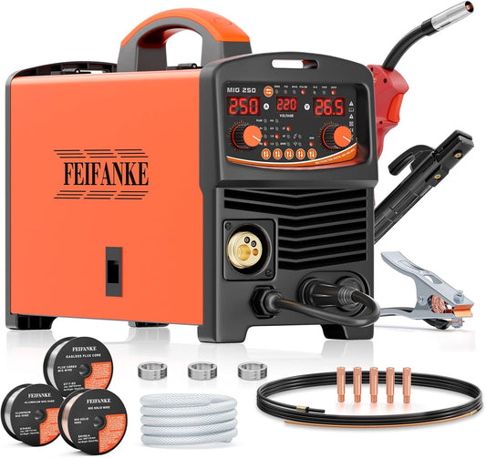 Soldeerstation gevulde draad, 250 A, 230 V, 6-in-1, zonder gas, MIG/MMA/lift TIG/lassen punt/enkele puls IGBT inverter lasapparaat Mig zonder gas met snelle draadtoevoer gasbesturing