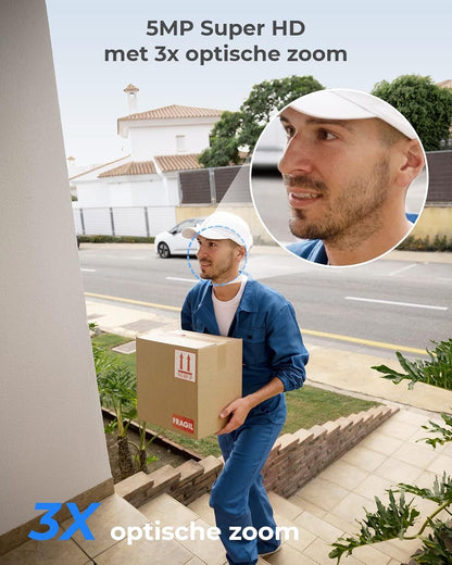 Beveiligingscamera - Wifi-beveiligingscamera - Camerabewaking - Draadloos - voor Buiten - 2.4 & 5GHz - 5MP - CCTV-camera - met AI-detectie van Mens - Huisdier - Automatisch Volgen - 3x Optische Zoom - Oudere Huisdieren - Tweerichtingsgeluid - Wit