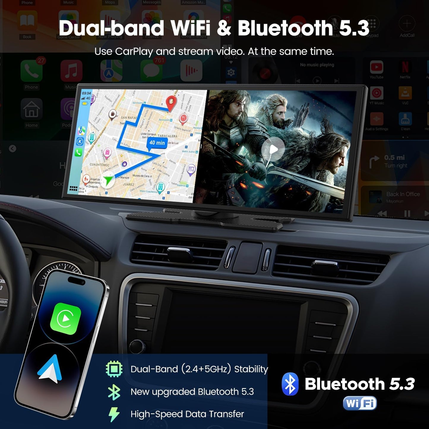 LAMTTO Draadloze Autoradio Carplay Scherm met Net-flix YouTube TikTok,10.25'' A-pple CarPlay & Android Auto met Achteruitrijcamera Split Screen Dual Bluetooth Navigation FM AUX voor iOS 10+Android 11+