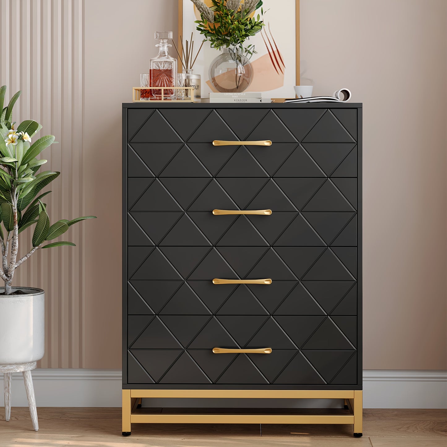 Ladekast – Nachtkastje – Kledingkast – Opbergkast – Kast Zwart – 4 Lades – Massief Hout & Metaal – Compact Hoogte Minder Dan 68,5 cm
