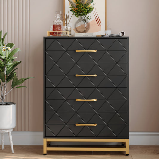 Ladekast – Nachtkastje – Kledingkast – Opbergkast – Kast Zwart – 4 Lades – Massief Hout & Metaal – Compact Hoogte Minder Dan 68,5 cm