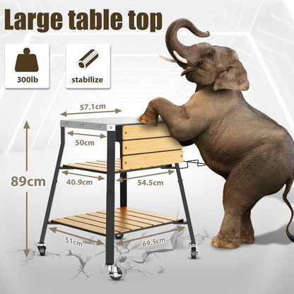 GFTIME Universele draagbare grillwagen, rollende roestvrijstalen grilltafel, keukeneiland multifunctionele wagen voor Solo Stove & Ninja Woodfire outdoor BBQ, grillstandaard met WPC-planken en 360°