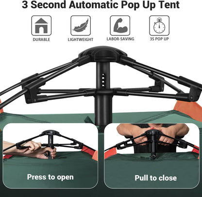 Campingtent, 3 man pop-up tent, automatische instant drielaagse waterdichte 4 seizoenen grote koepeltent en schuilplaatsen met verlengde vloermat veranda 2 halstokken verwijderbare regenvlieg