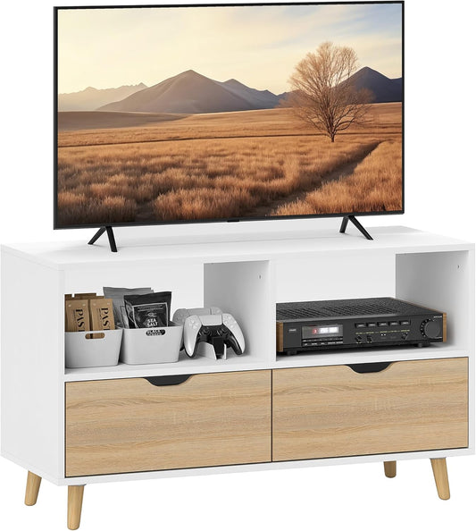 HOMCOM TV cabinet TV dresser element with drawers and open shelves wood white + natural 99 x 39 x 58 cm - QUORE