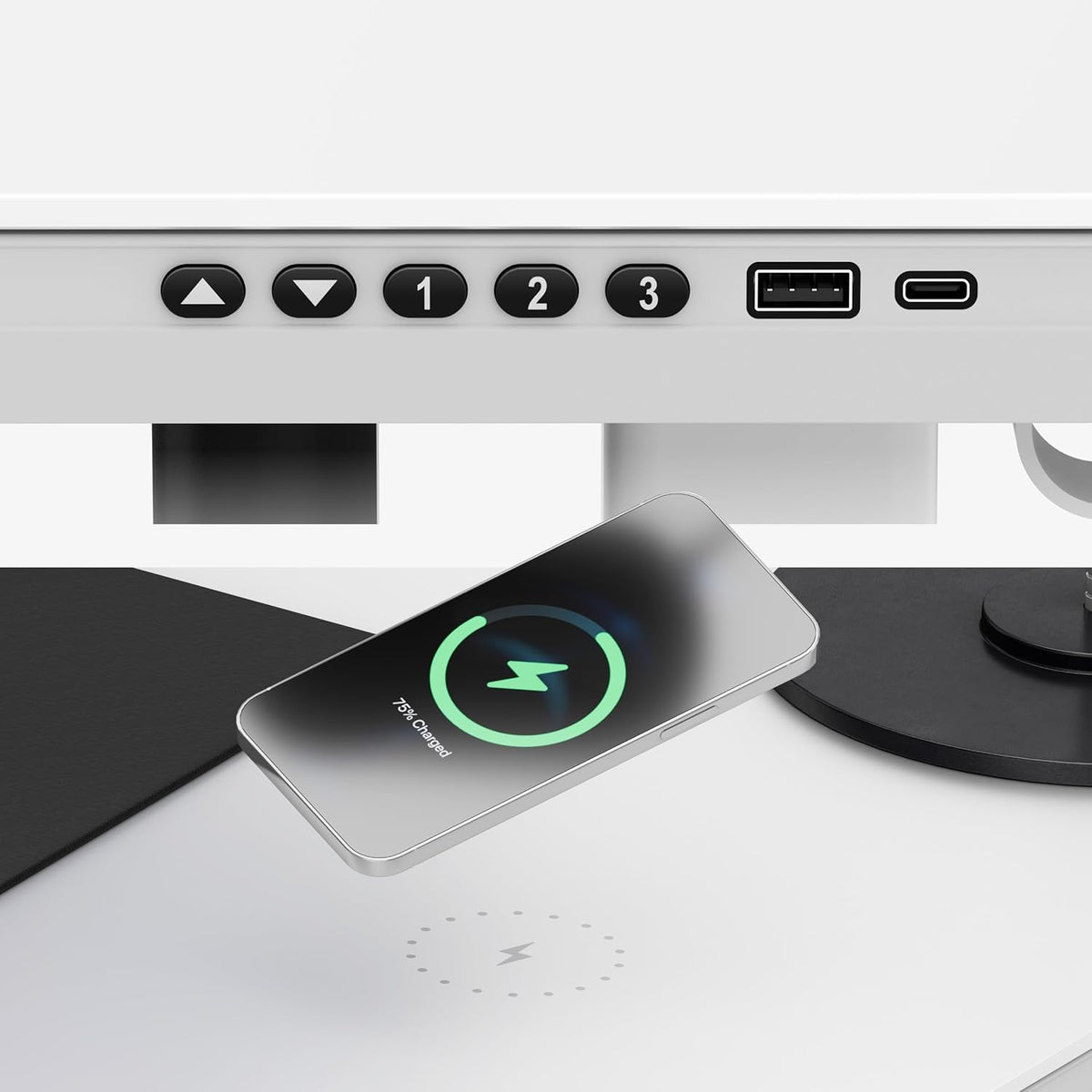 MARK ADLER Leader 8.5 | Electric Desk Height Adjustable | Matte Glass Plate | USB-C & Wireless Charging Function | Memory Function | Drawer | 120 x 60 cm | White - QUORE