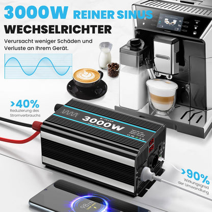 Omvormer 12V naar 230V zuivere sinus 3000W spanningsomvormer Omvormer met EU-aansluitingen en USB-poort -afstandsbediening en LED-display Voor camper, caravan, camping