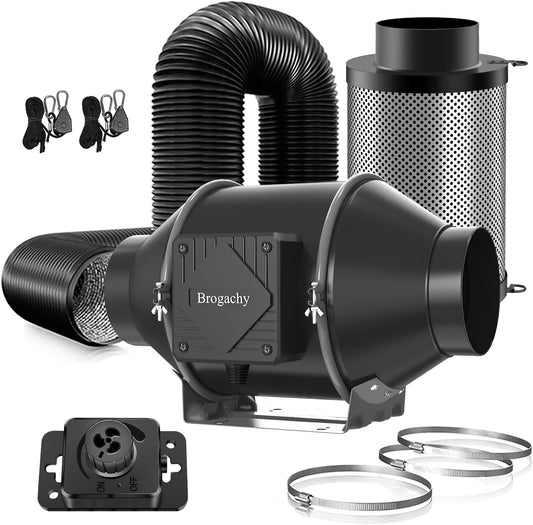 100 mm regelbare buisventilator 363 m³/h, afvoerventilator 3000 tpm, driefasige EC-motor, met luchtkoolfilter en afvoerslang, voor groeitenten, hydroculturen, thuisgebruik.