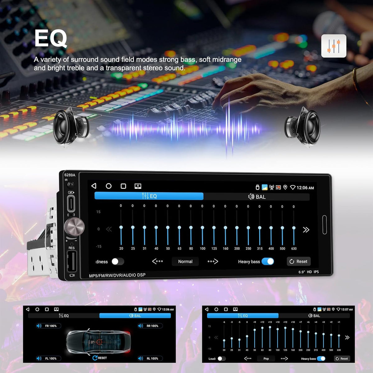 2 + 64 GB Android 1 Din autoradio Wireless Carplay Android Auto, 6,9 inch touchscreen Bluetooth Post Radio Auto met GPS WiFi EQ FM RDS radio, achteruitrijcamera