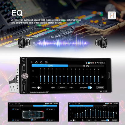 2 + 64 GB Android 1 Din autoradio Wireless Carplay Android Auto, 6,9 inch touchscreen Bluetooth Post Radio Auto met GPS WiFi EQ FM RDS radio, achteruitrijcamera
