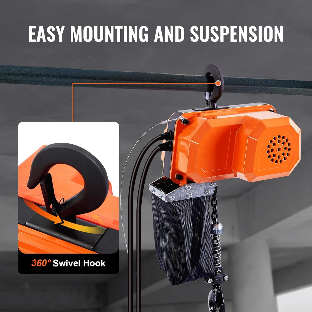 VEVOR Elektrische kettingtakel, 149,7 kg draagkracht, 3 m hefhoogte, 2,3 m/min snelheid, 1-fase elektrische lier met G80-ketting, 3 m kabelafstandsbediening, voor garage, winkel, hotel, thuis