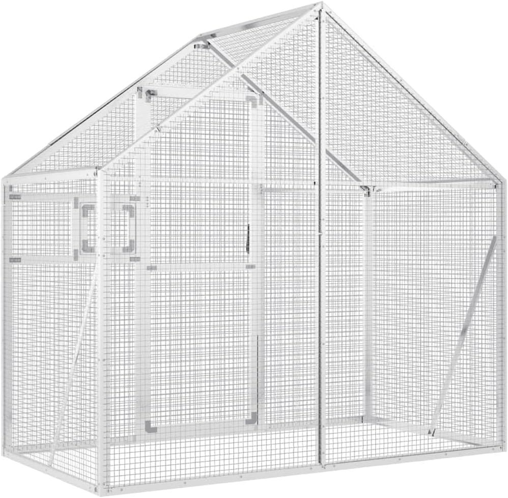 Aviary Bird Aviary, Outdoor Entrance for Bird Cage, Aviary, Chicken Coop with Lockable Door and Window, Silver, 179 x 100 x 185 cm, Aluminium