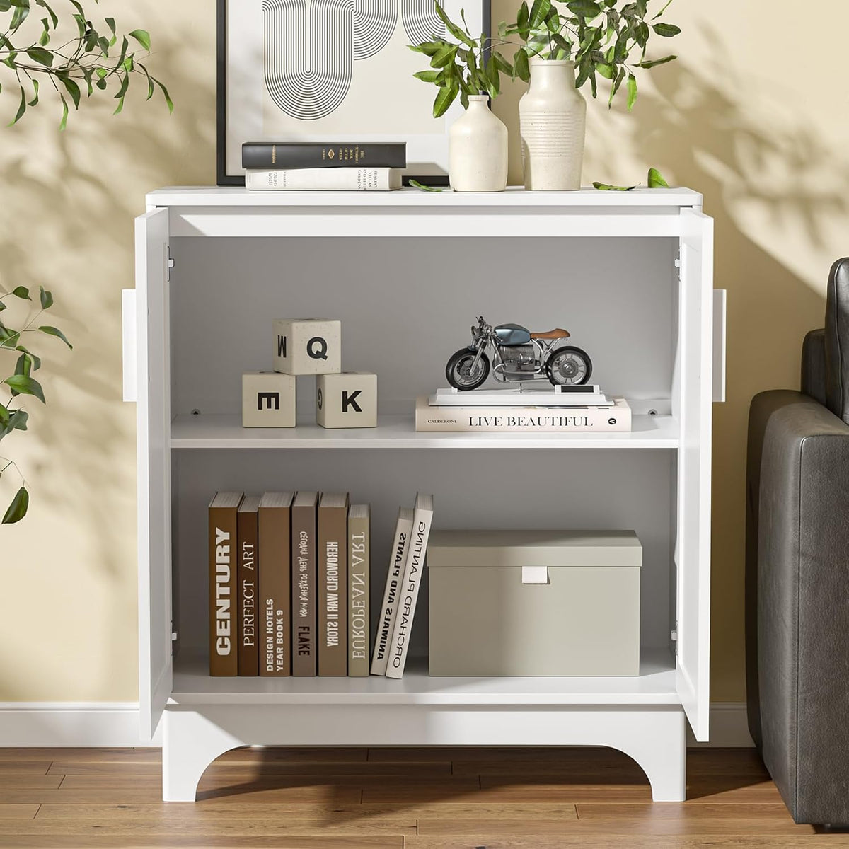 Rotan sideboard, keukenkast met verstelbare planken, landelijke stijl, buffetkast, hout, opbergkast, kantelbeveiliging, kast voor keuken, woonkamer, eetkamer, hal, 80 x 40 x 89 cm