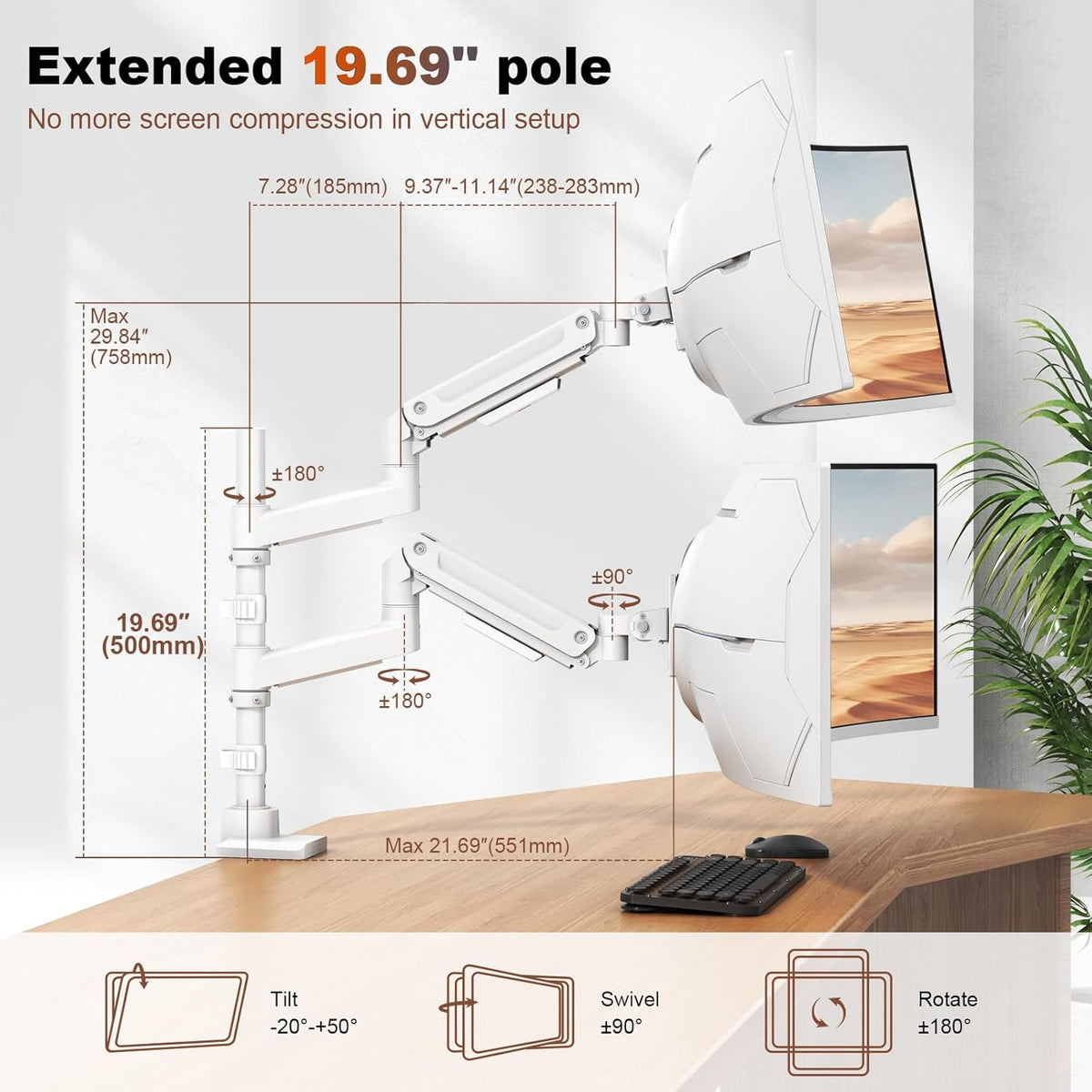 PUTORSEN Monitorhouder 2 monitoren voor 17 tot 49 inch schermen tot 20 kg per arm, extra lange tafelhouder, in hoogte verstelbaar, draaibaar voor optimale ergonomie, VESA 75/100 mm
