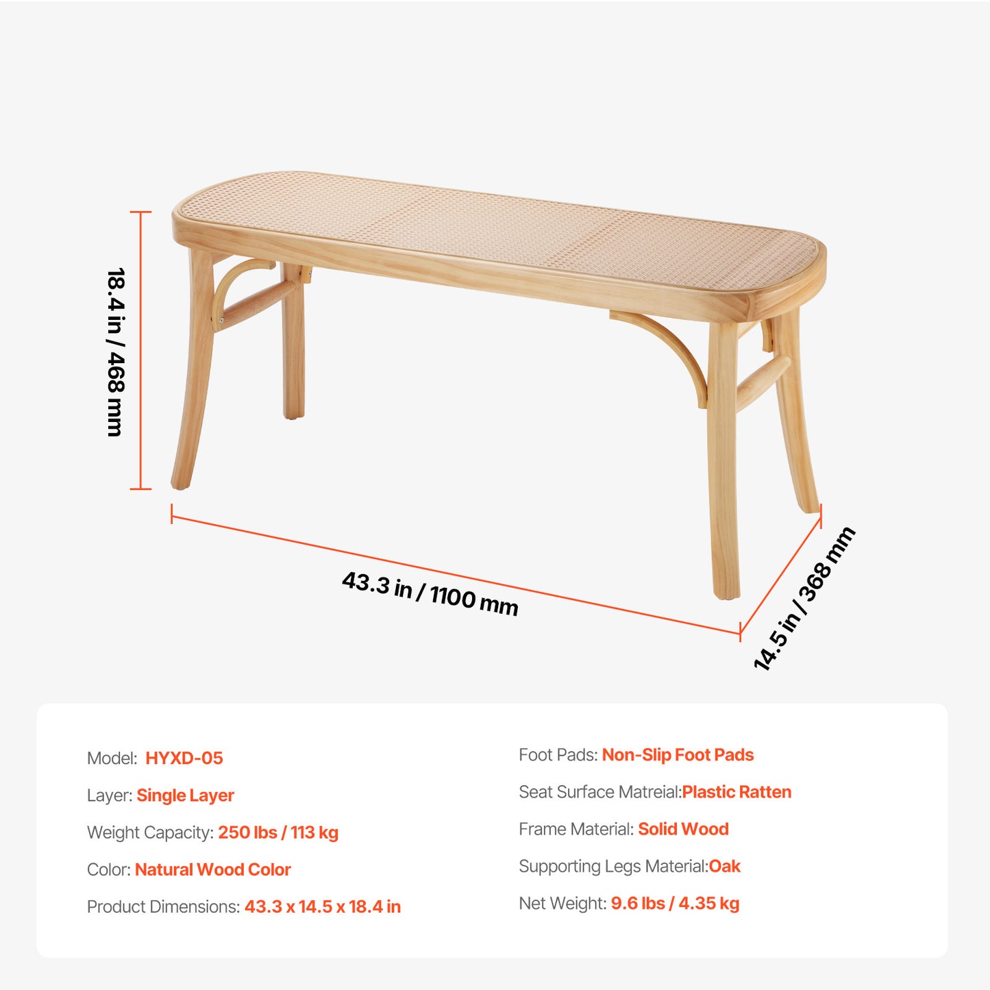 Rotan Bankje – Rieten Zitbank – Rattan Bank – Houten Bankje – 115 cm Lengte – Handgeweven Rotan – Stevig Houten Frame