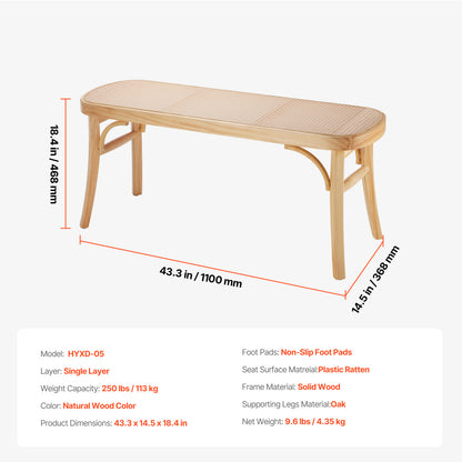 Rotan Bankje – Rieten Zitbank – Rattan Bank – Houten Bankje – 115 cm Lengte – Handgeweven Rotan – Stevig Houten Frame