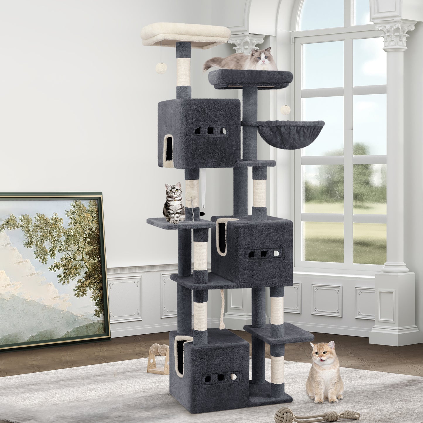 Kattenboom – Klimpaal – Krabpaal – Speelparadijs – Kattenmeubel – Donkergrijs – 193 cm Hoog – 7 Niveaus Met Sisal Krabpalen