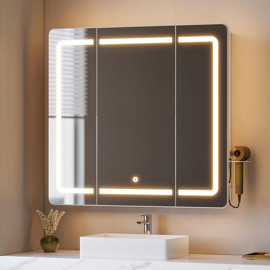Hzuaneri Mirror Cabinet for Bathroom with LED Lighting, Mirror Cabinet for Bathroom, 3 Light Colours Adjustable, HD Mirror 16.5 x 75 x 80 cm White MC30003XEU