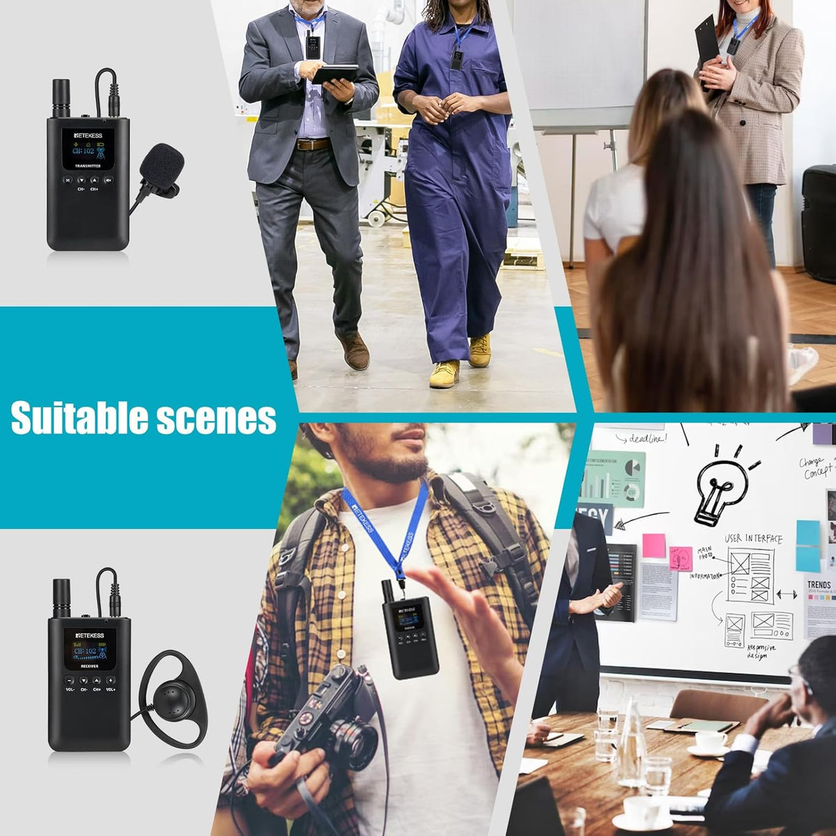 Retekess TT125 Audiotourgidssysteem, 180 m Lange Batterijlevensduur Audiodescriptiesysteem met TT002 16-Slots Opladerbasis, voor Toerisme, Fabriek, Conferentie, Kerk, Universiteit, Training
