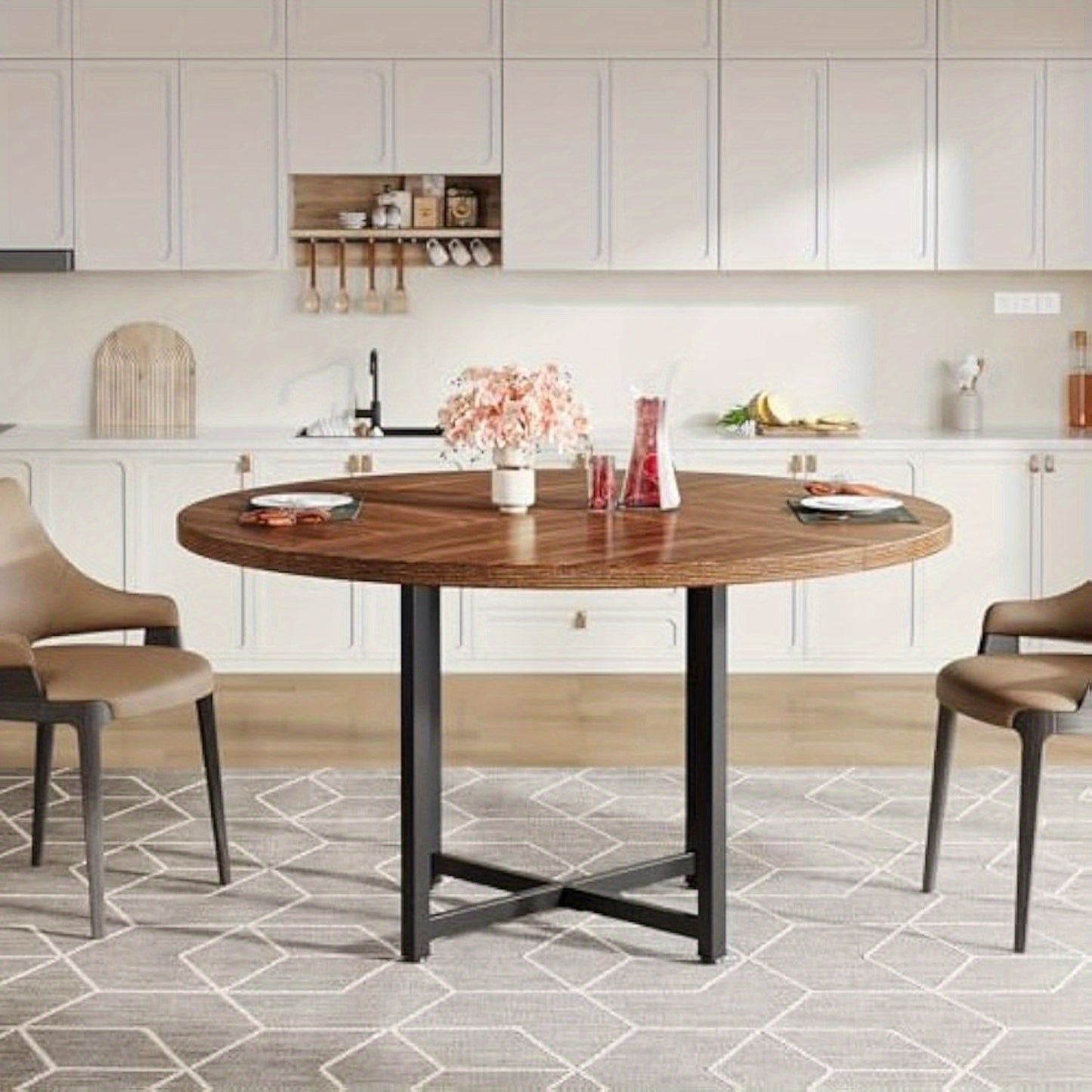 Eettafel – Eetkamertafel – Keukentafel – Ronde tafel – Tafel – Rond 120 cm – Gelamineerd Spaanplaat – Stevige Metalen Kruispoten