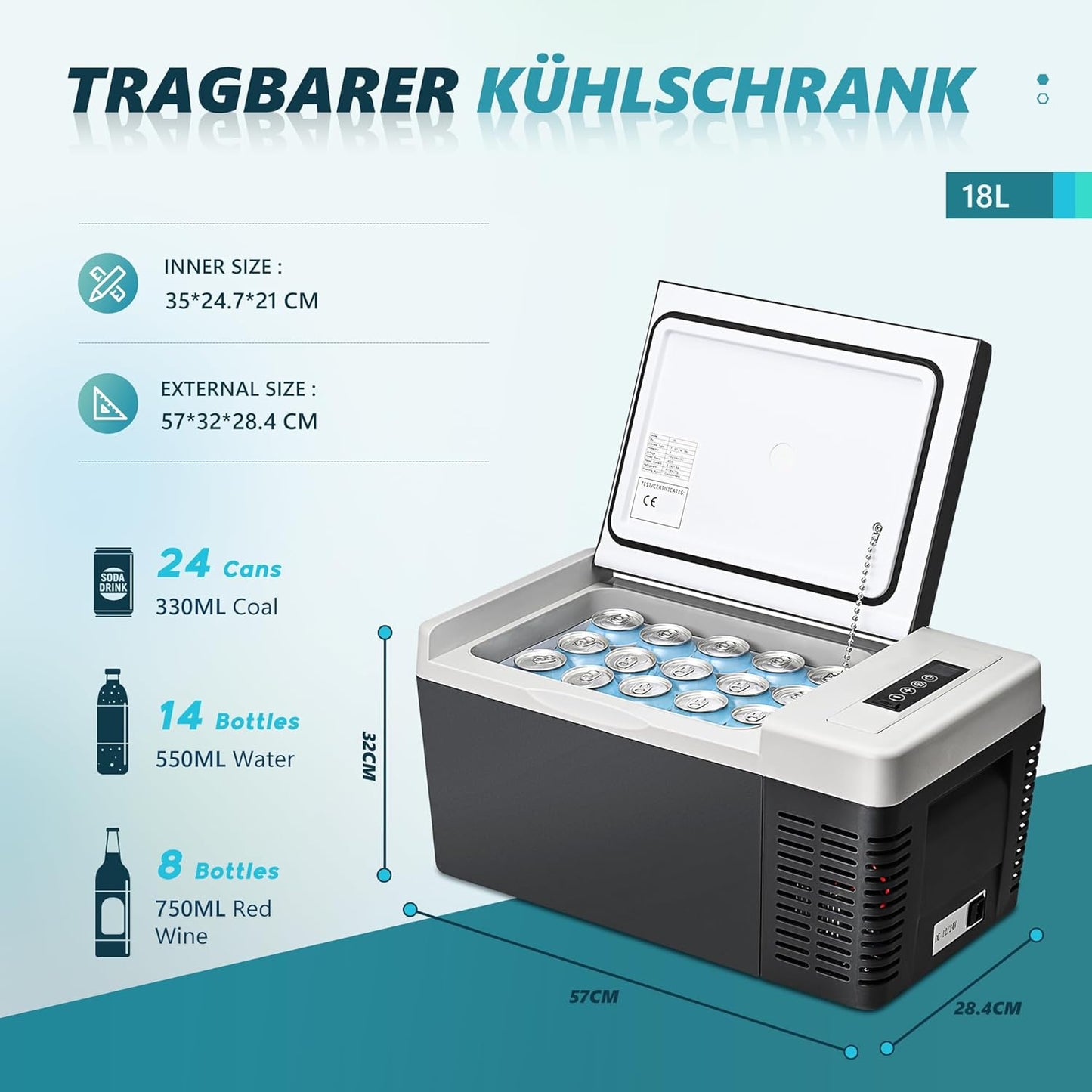 EUHOMY Compressorkoelbox, 18 l, auto-koelkast -20 °C ~ 20 °C, draagbare koelkast, 12/24 V DC 100-240 V AC, draagbare vriezer met wifi-app-besturing voor camping, reizen, boot