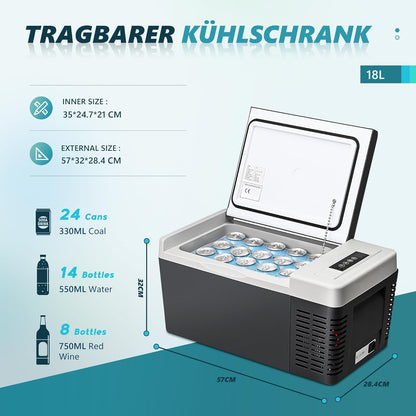EUHOMY Compressorkoelbox, 18 l, auto-koelkast -20 °C ~ 20 °C, draagbare koelkast, 12/24 V DC 100-240 V AC, draagbare vriezer met wifi-app-besturing voor camping, reizen, boot