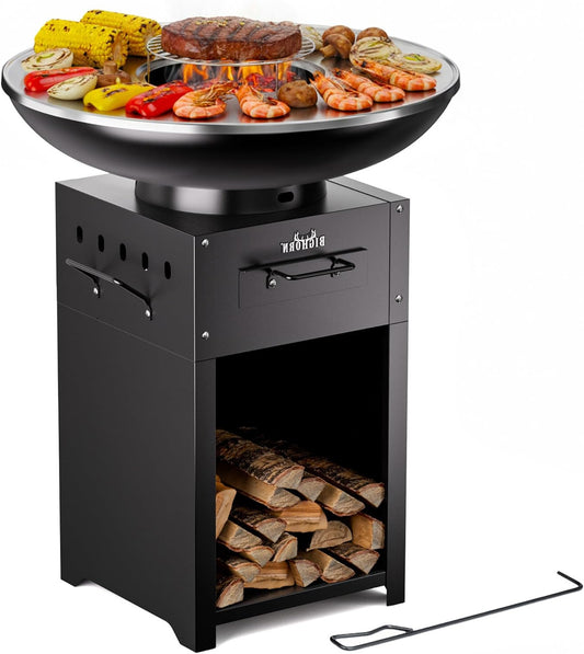 Big Horn Outdoors Plancha Grill Fire Bowl with 60 cm Stainless Steel Teppanyaki and BBQ Grill Plate, Outdoor Kitchen for Garden Party, Camping Outdoor Cooking - QUORE