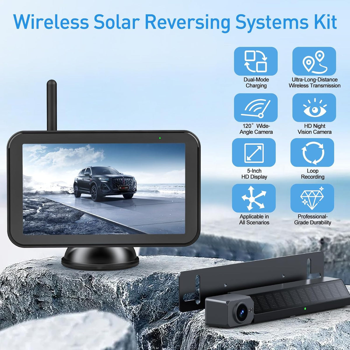 Draadloze achteruitrijcamera, 5 inch digitale achteruitrijcameraset, 1080P monitor, met ingebouwde draadloze zender, draadloze parkeerhulp, IP66 waterdichte achteruitrijcamera's voor auto, vrachtwagen