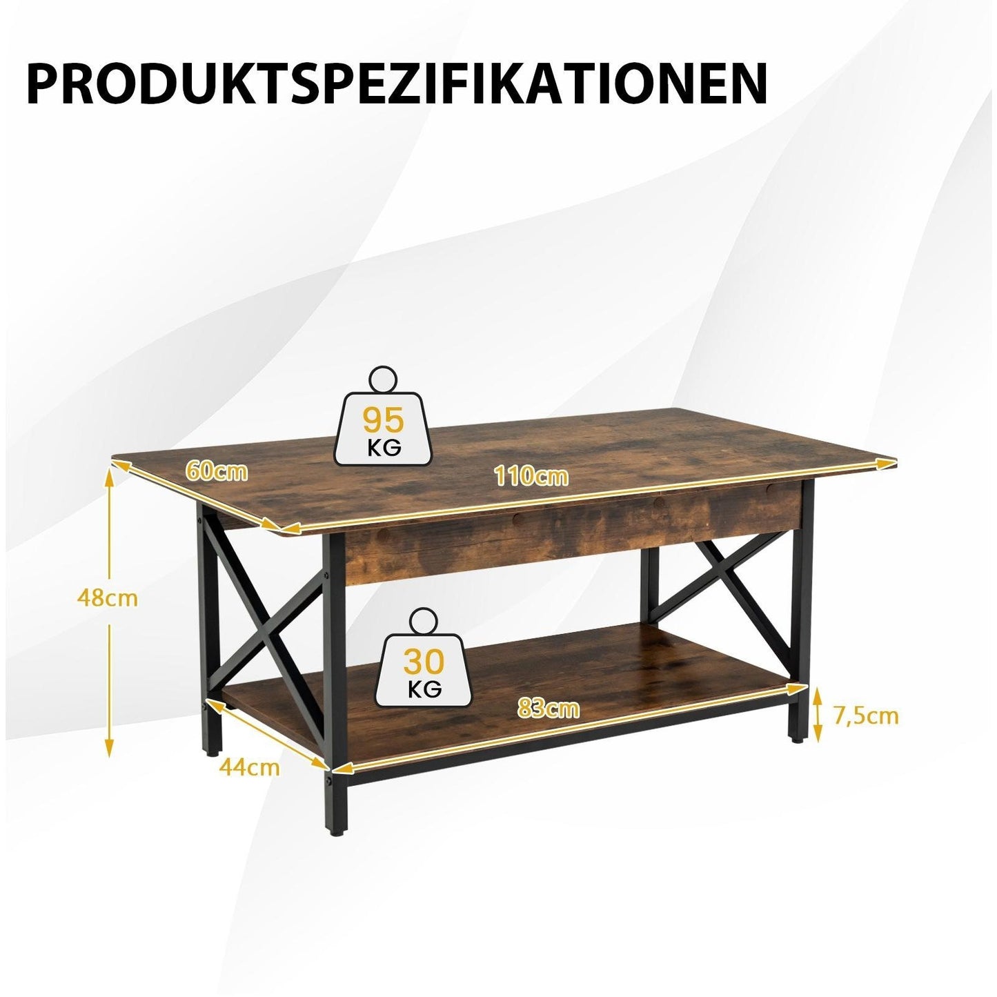 Salontafel – Koffietafel – Woonkamertafel – Bijzettafel – Houten Tafel – Industrieel Design – Extra Opbergruimte – Robuust Metalen Frame – 110 x 60 x 48 cm – Rustic Brown