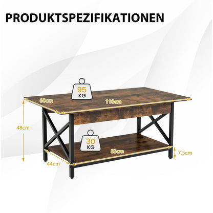 Salontafel – Koffietafel – Woonkamertafel – Bijzettafel – Houten Tafel – Industrieel Design – Extra Opbergruimte – Robuust Metalen Frame – 110 x 60 x 48 cm – Rustic Brown