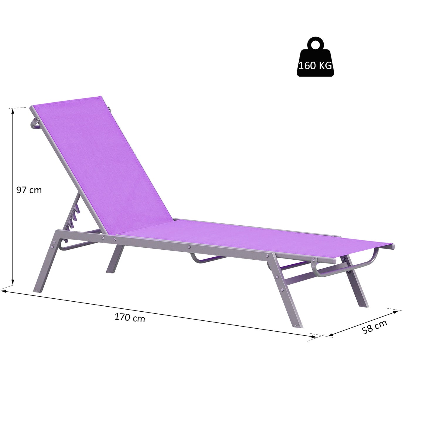 Ligstoel – Strandstoel – Zonnebed – Ligbank – Verstelbare Buitenstoel – Ergonomisch Ontwerp – UV- en Waterbestendig Mauve – Metaal Met Textileen – 170x58x97 cm