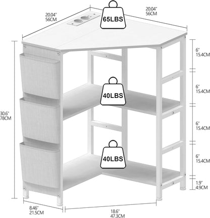 VEDECASA Witte printertafel, hoek printerstandaard 3-laags, printertafel met laadstation, printerstandaard op 2 stopcontacten en 2 USB-poorten, zijzakken, verstelbare voeten, CPU-standaardhouder voor