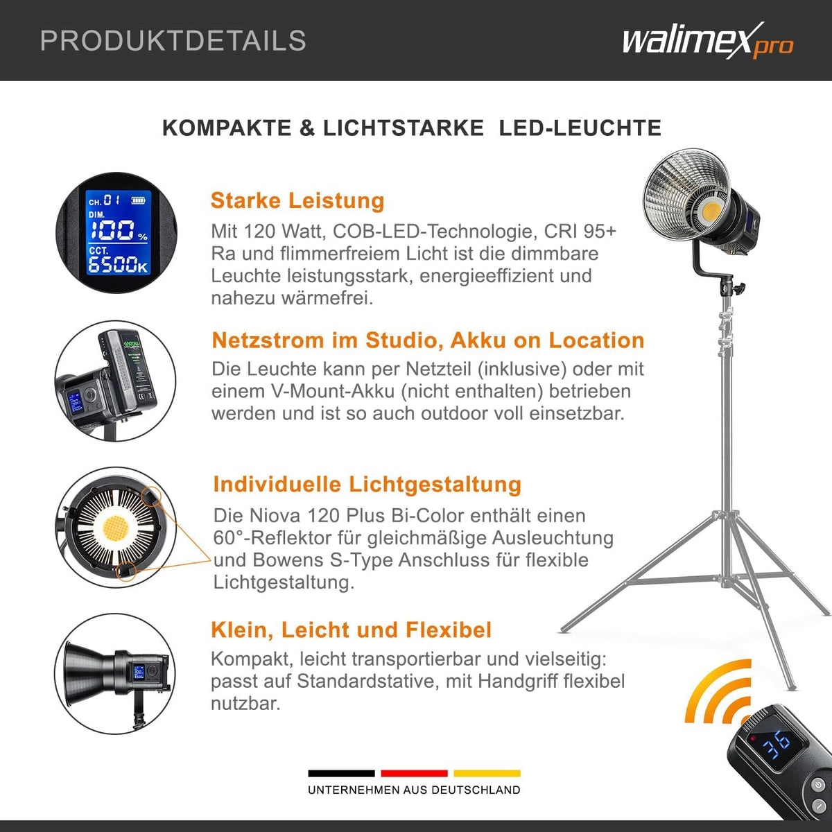 Walimex pro Niova Compact Bi Color dimbare LED-videolamp met Bowens-reflector, studiolicht met COB LED-technologie, 3000-6500 K, CRI=95+, lichtsterkte verstelbaar van 10-100%, 120W
