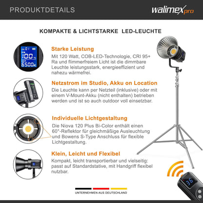 Walimex pro Niova Compact Bi Color dimbare LED-videolamp met Bowens-reflector, studiolicht met COB LED-technologie, 3000-6500 K, CRI=95+, lichtsterkte verstelbaar van 10-100%, 120W