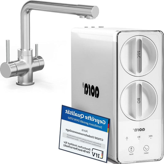 aora Giulia-L GT600 Reverse Osmosis System + 3-Way Stainless Steel Tap Without Drilling - Osmosis Water Filter with 8 Filter Levels and Filter Change in 3 Seconds - System - QUORE