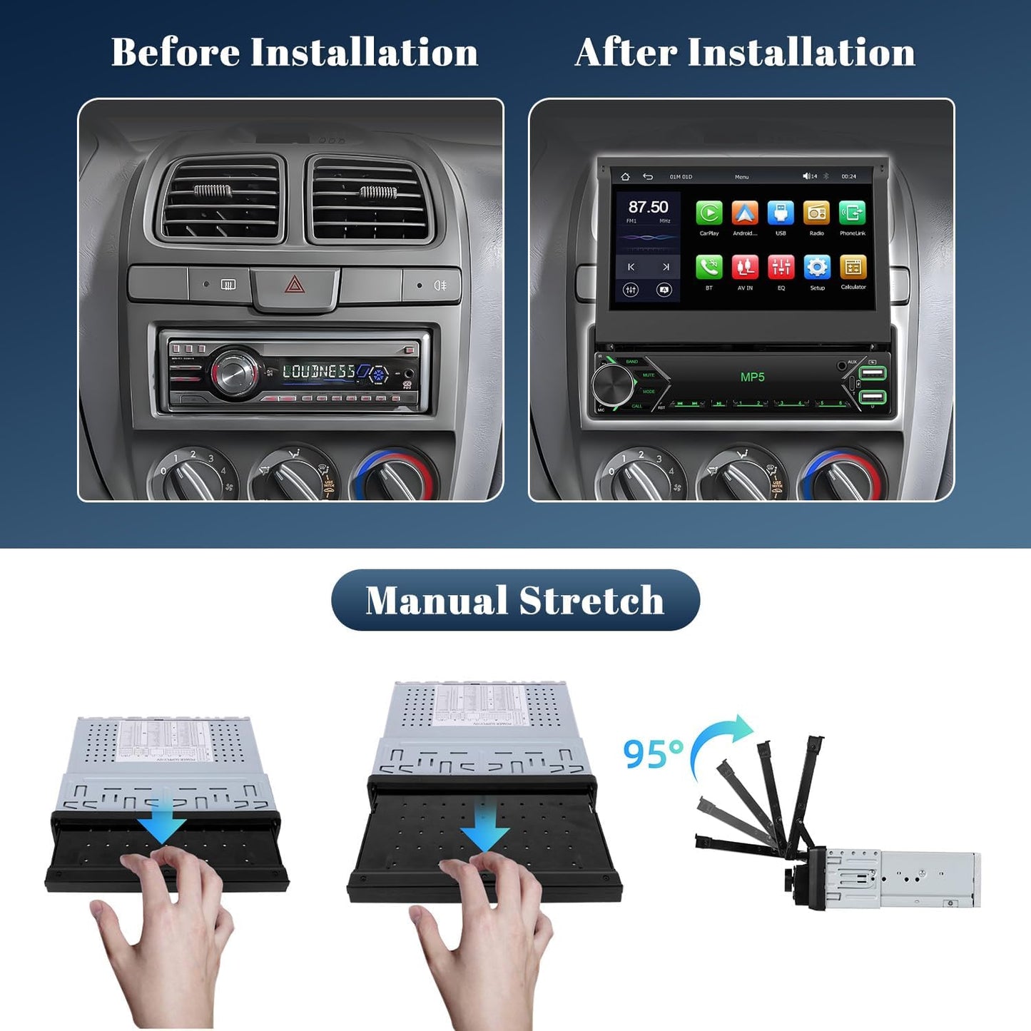 Draadloze CarPlay autoradio, 1 Din met uittrekbaar scherm, handmatig, 7 inch touchscreen, Android autoradio met bluetooth, stereo, autoradio, ondersteuning, FM AUX USB-achteruitrijcamera