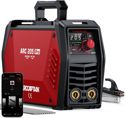 ARCCAPTAIN IControl ARC205 Pro Elektrodenlasapparaat, app-bediening, 205 ampère ARC/Lift TIG lasapparaat, led-display, IGBT inverter 230 V MMA lasapparaat met warmstart, boogkracht en anti-stick