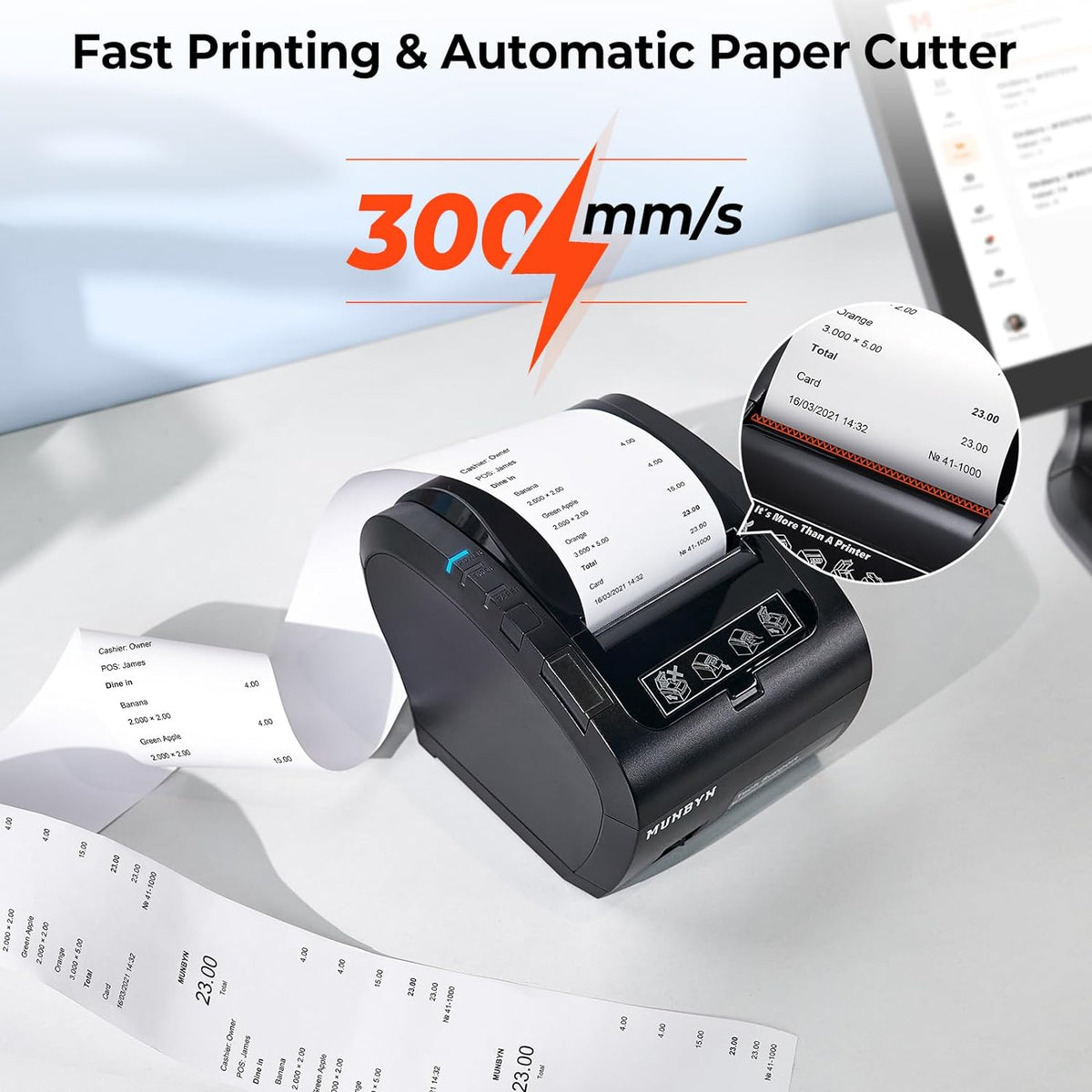 MUNBYN Bluetooth Bonprinter, Thermische Printer Mfi, USB/LAN/Seriële Poorten, Compatibel met iOS, Android, MacOS, Windows, Linux, Chrome, met Olie- en Spatbestendig Deksel