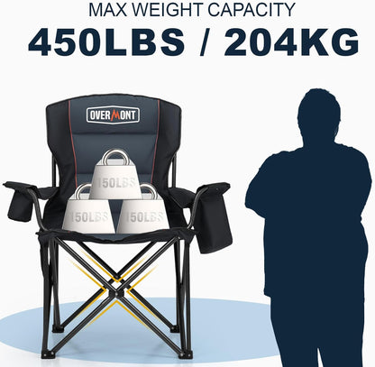OVERMONT 2 stuks extra grote campingklapstoel voor volwassenen met zijzak en draagtas - Heavy Duty stalen frame ondersteuning 204 kg met hoge rug en bekerhouder, comfortabel voor tuin, picknick,