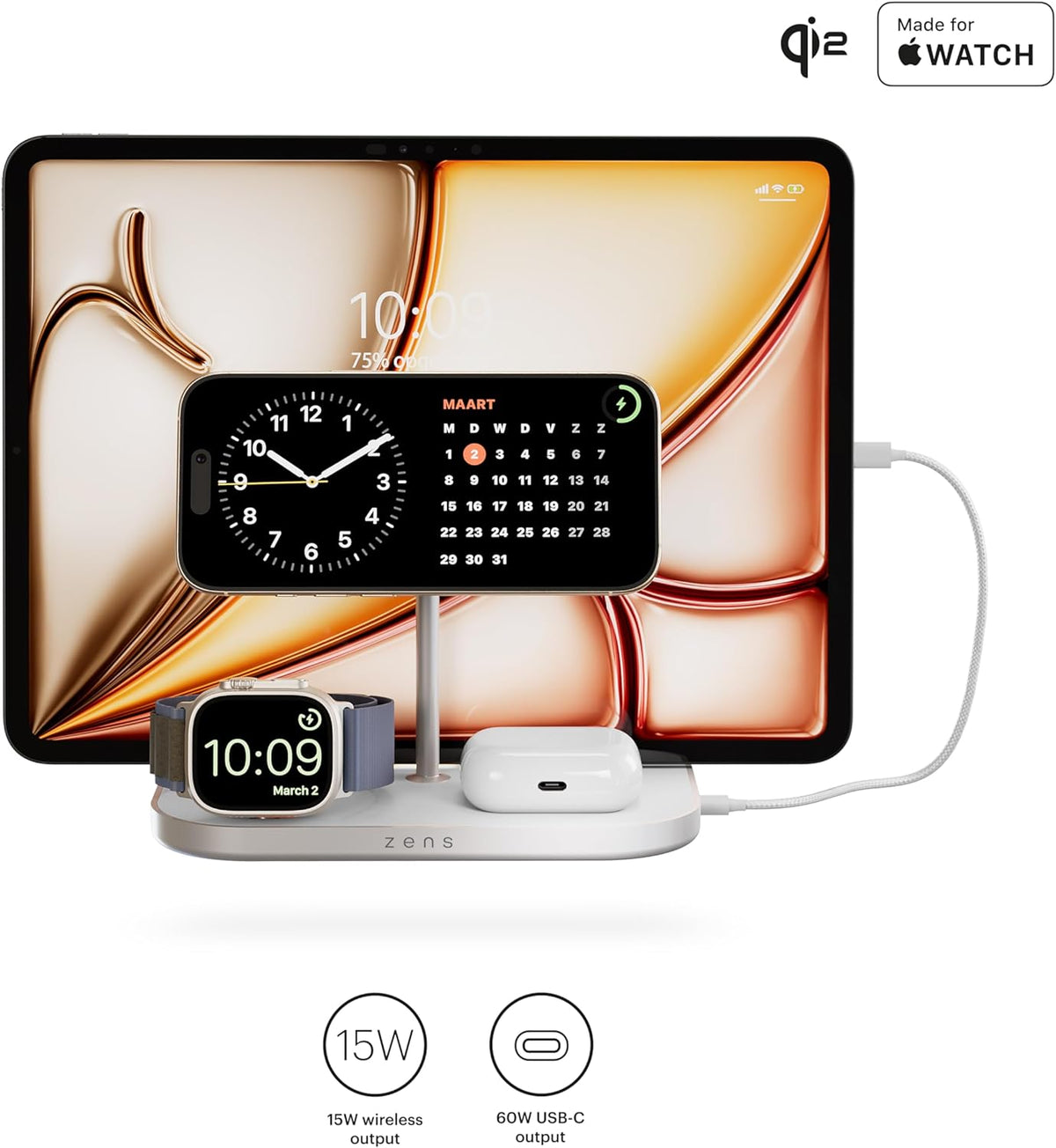 Zens 4-in-1 Wireless Charger, MagSafe en Qi 15W Wireless Charger voor iPhone/Apple Watch/AirPods, Inclusief 65W Voedingsadapter (EU/UK/US) en 1,5M Geïntegreerde Kabel, Wit