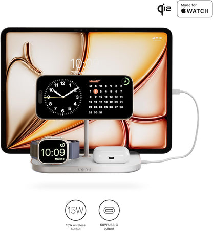 Zens 4-in-1 Wireless Charger, MagSafe en Qi 15W Wireless Charger voor iPhone/Apple Watch/AirPods, Inclusief 65W Voedingsadapter (EU/UK/US) en 1,5M Geïntegreerde Kabel, Wit