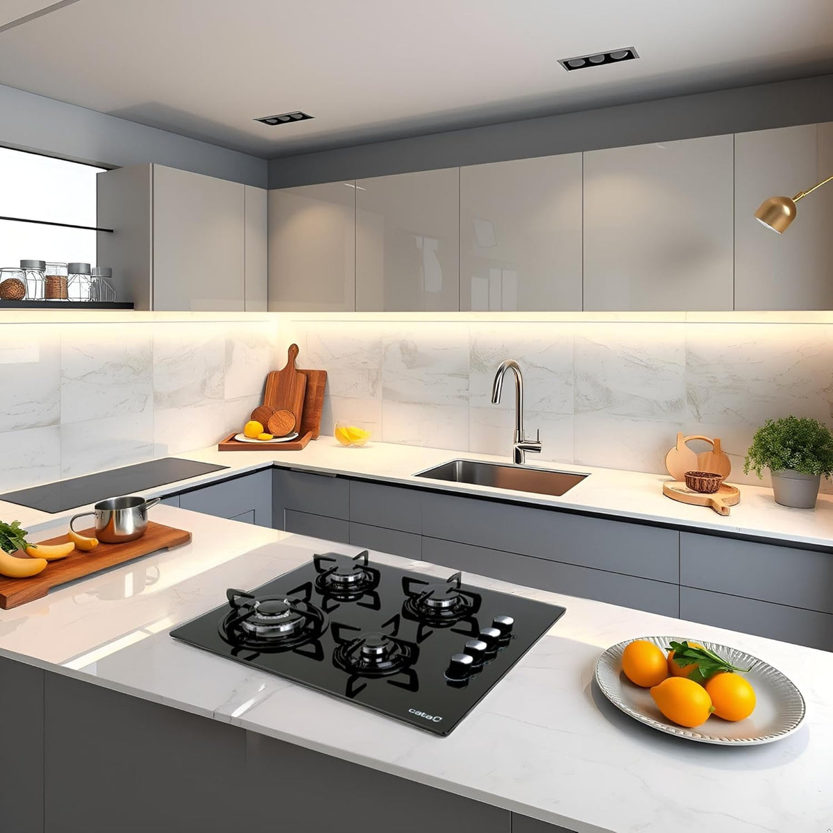 4-pits Gaskookplaat – Gasfornuis – Kookplaat – Gasplaat – Kookfornuis – Gehard Zwart Glas – Elektronische Ontsteking – 59 cm Breed
