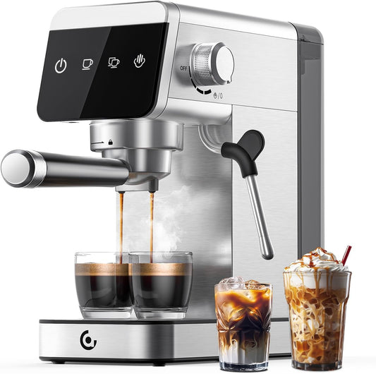 AMZCHEF Espressomachine 20 bar met 2-in-1 Home LED-display met afneembare tank van 1,2 l voor compacte huishoudelijke geschenken, van roestvrij staal, 1350 W