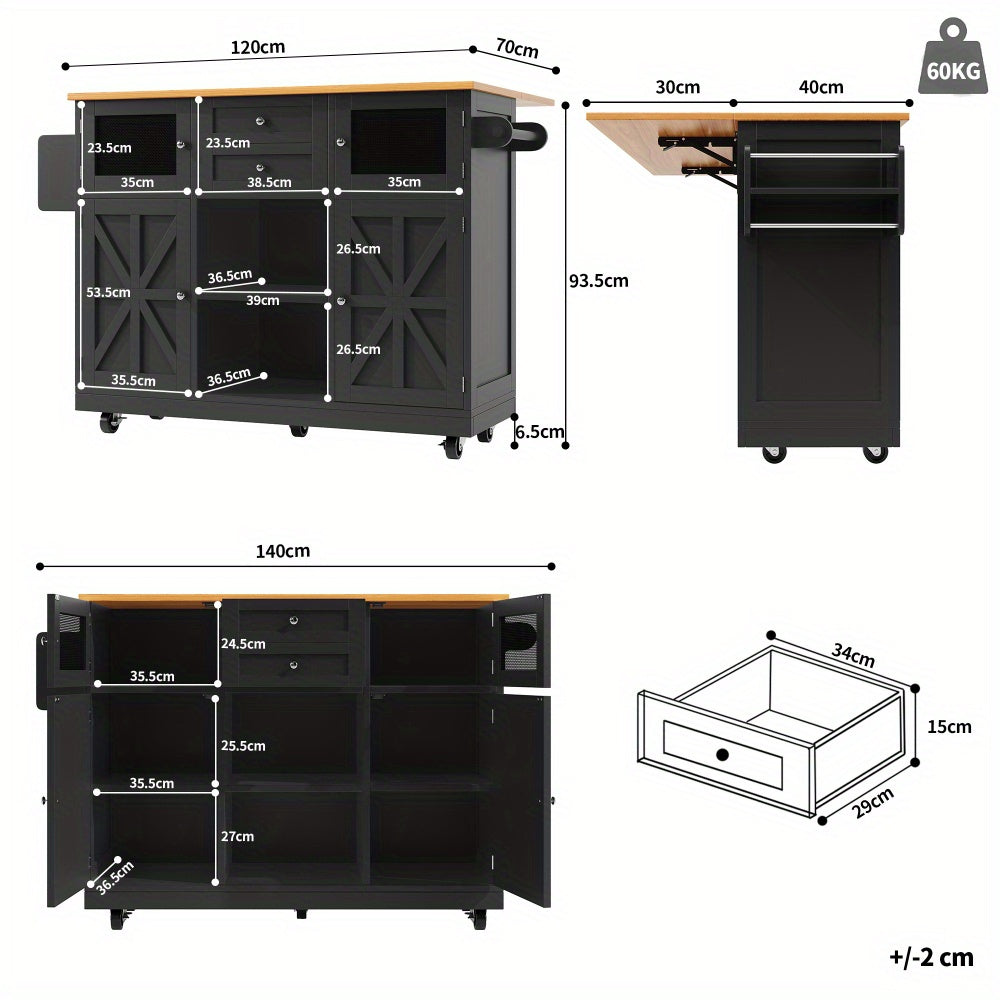 Keukeneiland – Keukentrolley – Keukenkast – Serveerwagen – Dressoir – Mobiel met Vergrendelbare Wielen – Verstelbare Legplank – Mat Zwart, Slijtvast & Onderhoudsvriendelijk