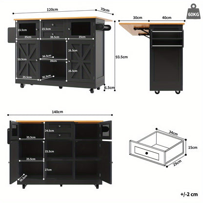 Keukeneiland – Keukentrolley – Keukenkast – Serveerwagen – Dressoir – Mobiel met Vergrendelbare Wielen – Verstelbare Legplank – Mat Zwart, Slijtvast & Onderhoudsvriendelijk