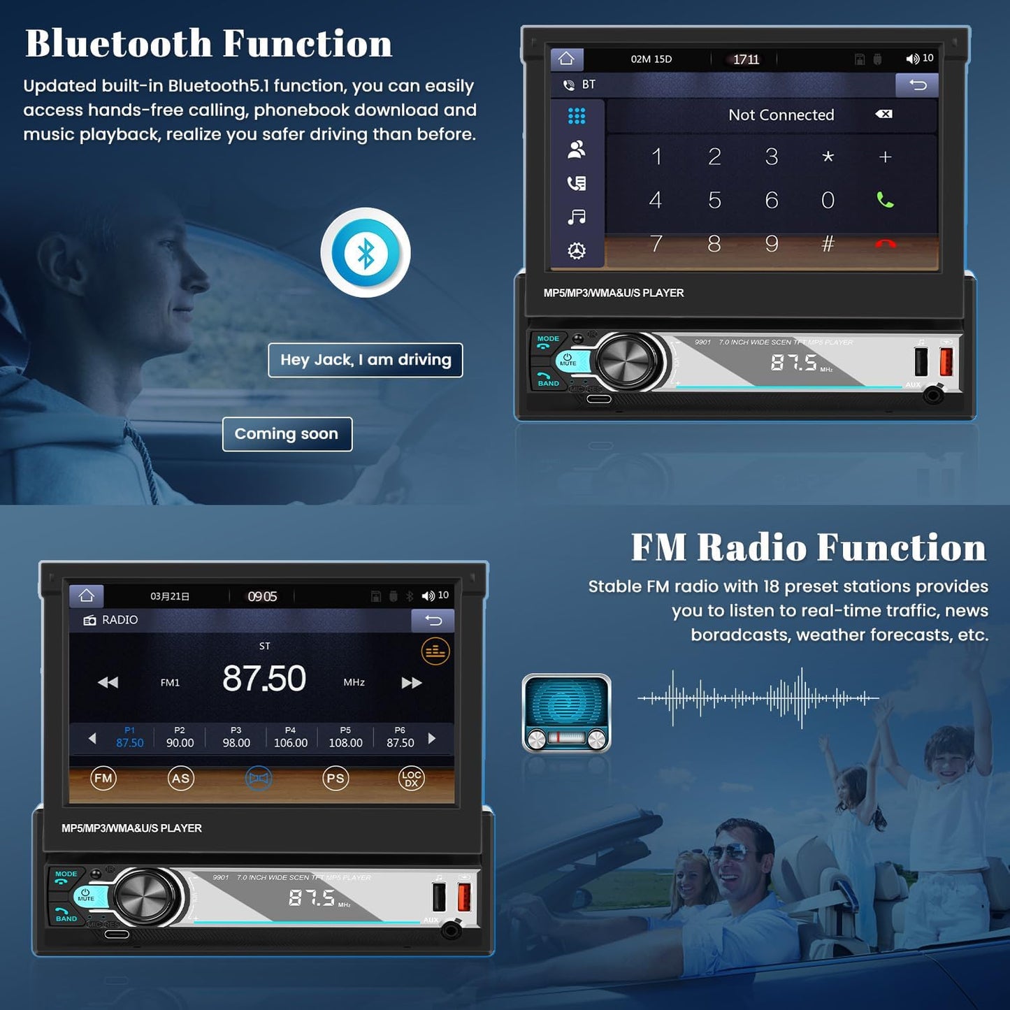 Hikity AM FM Autoradio, 1 Din Wireless Carplay Android Auto, 7 inch handmatig uitschuifbaar display, touchscreen, autoradio met Bluetooth 5.1, handsfree, radio, USB, AUX achteruitrijcamera