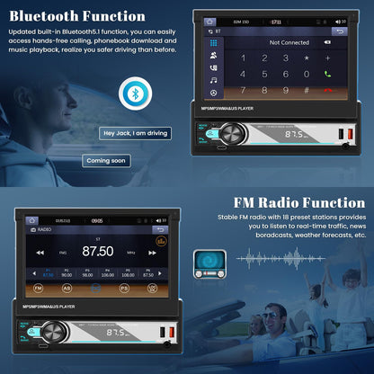 Hikity AM FM Autoradio, 1 Din Wireless Carplay Android Auto, 7 inch handmatig uitschuifbaar display, touchscreen, autoradio met Bluetooth 5.1, handsfree, radio, USB, AUX achteruitrijcamera