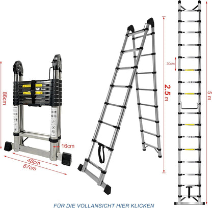 Brsheco roestvrijstalen telescoopladder opvouwbare ladder 5 m (2,5 + 2,5 m), uitschuifbare ladder 2-in-1 multifunctionele ladder, met stabilisator, breed toepasbaar, stepladder, huishoudladder, draagv