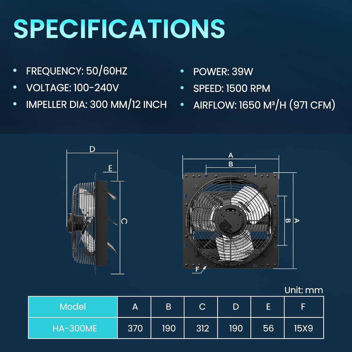 HG Power Afvoerluchtventilator met toerentalregelaar, industriële wandventilator met EC-motor, 1650 m³/uur, regelbaar, aluminium raamventilator voor kelder, garage, keuken